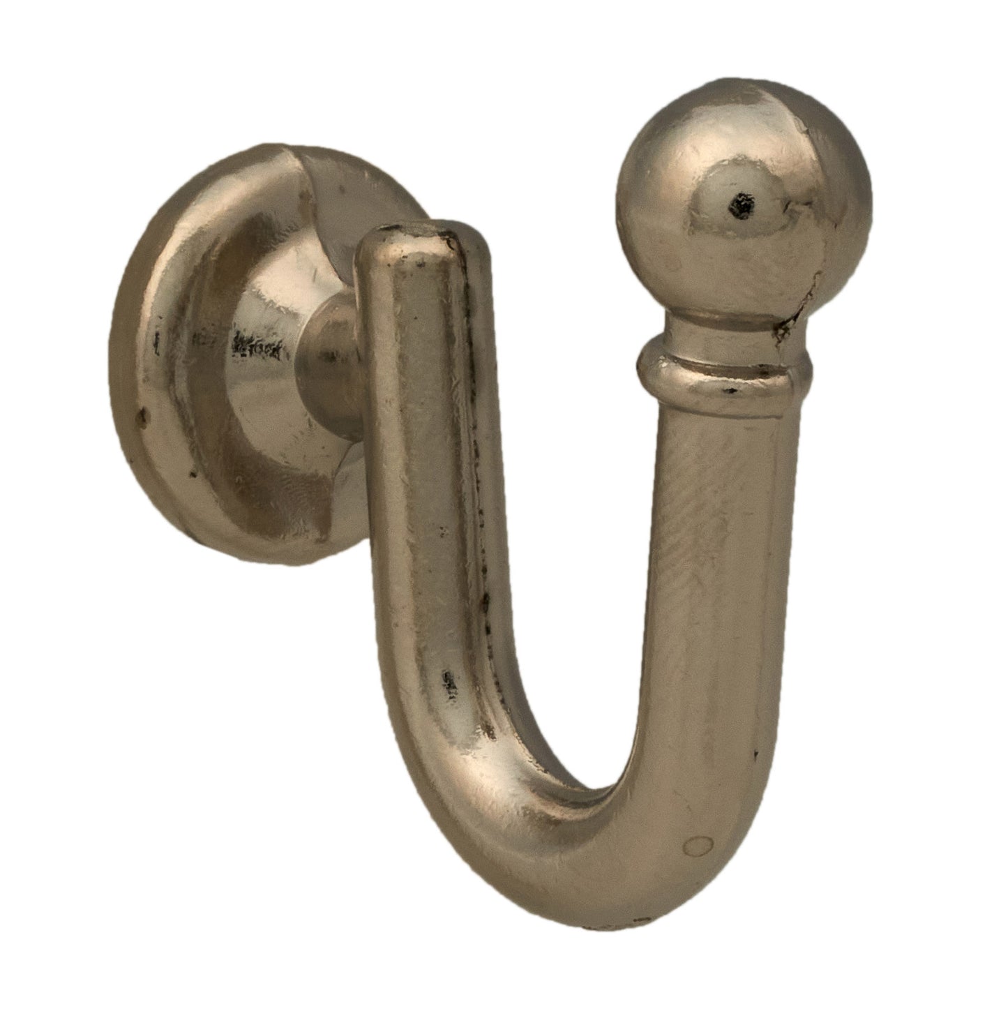 Wall mounted curtain tie back hook. Designed as metal ball end at top of a U-shaped metal hook