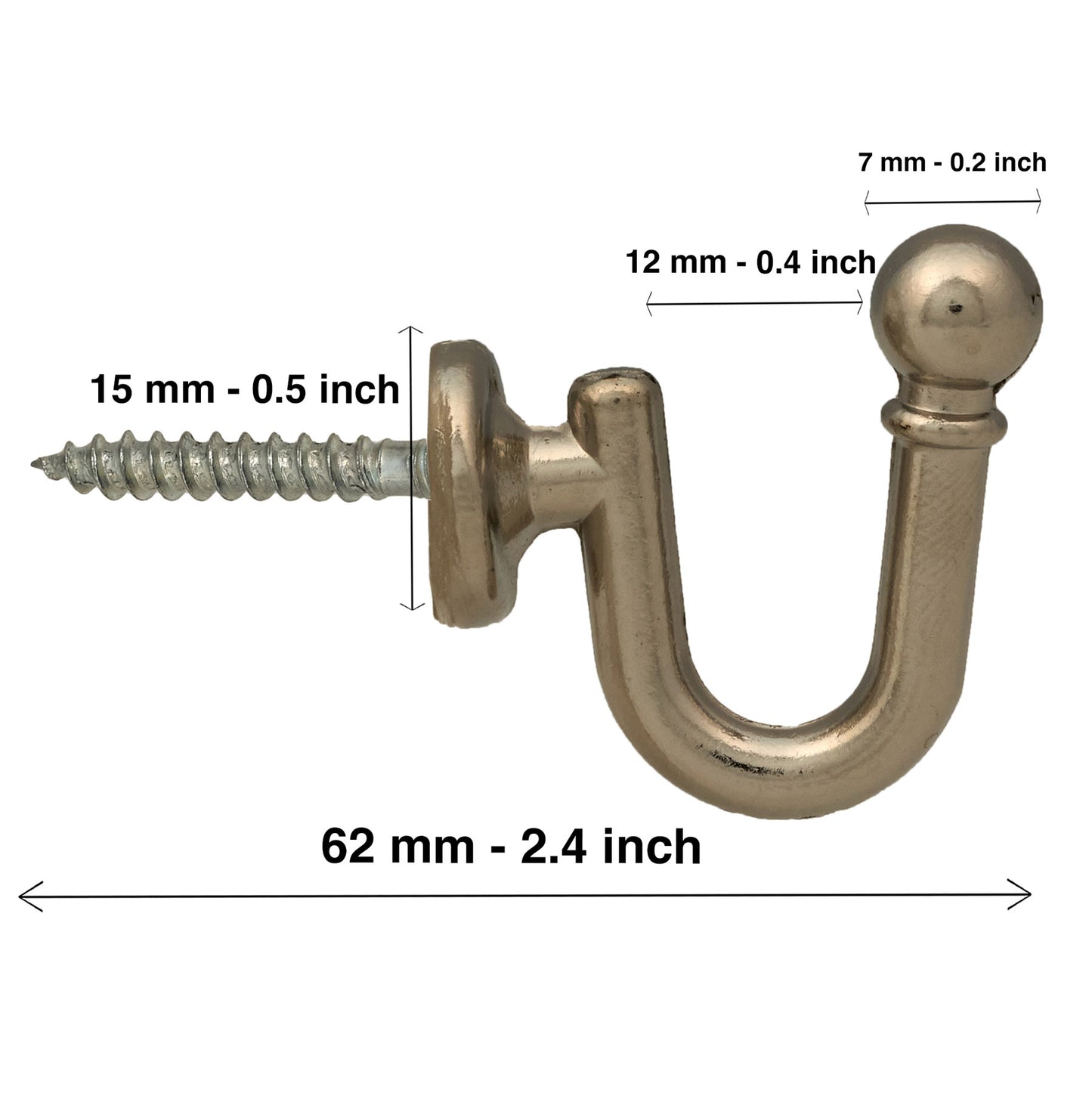 Wall mounted curtain tie back hook. Designed as metal ball end at top of a U-shaped metal hook