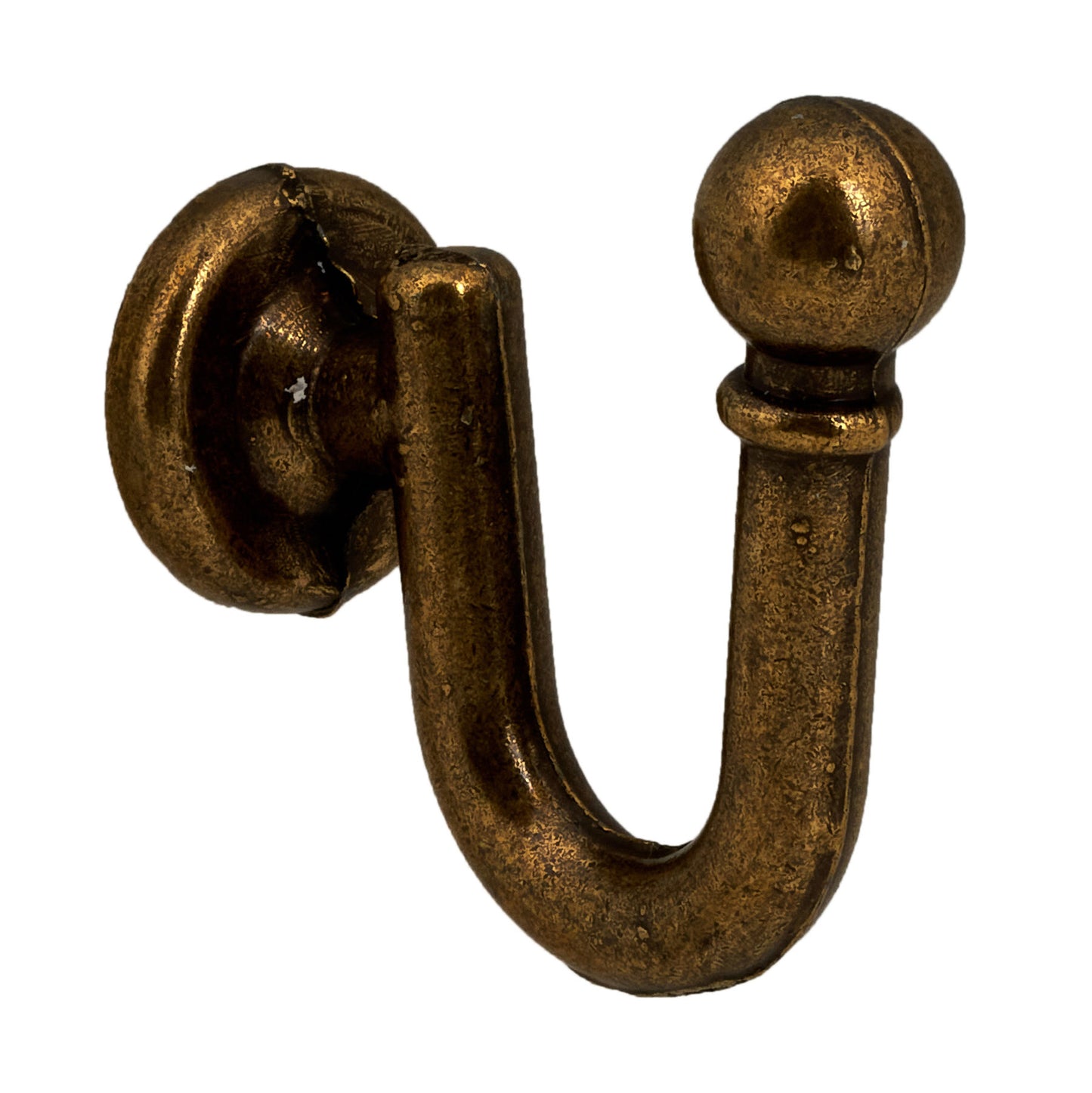 Wall mounted curtain tie back hook. Designed as metal ball end at top of a U-shaped metal hook