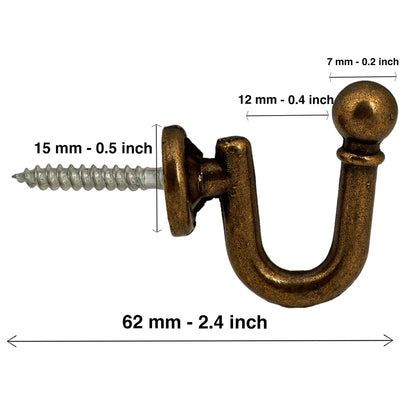 Wall mounted curtain tie back hook. Designed as metal ball end at top of a U-shaped metal hook