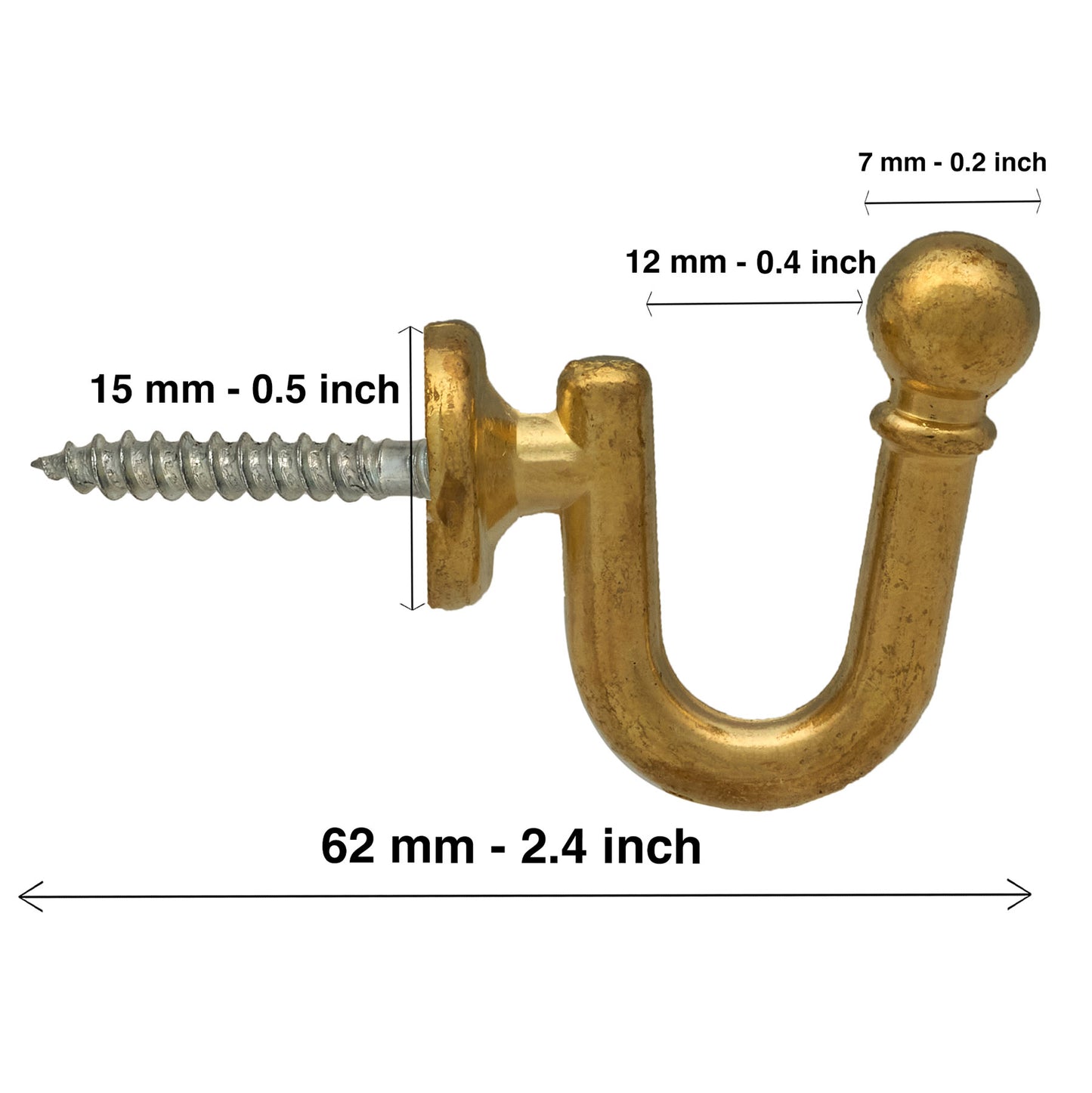 Wall mounted curtain tie back hook. Designed as metal ball end at top of a U-shaped metal hook