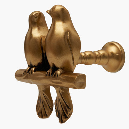 Wall mounted curtain tie back two birds on a branch. Designed as two large birds on a branch looking each other.