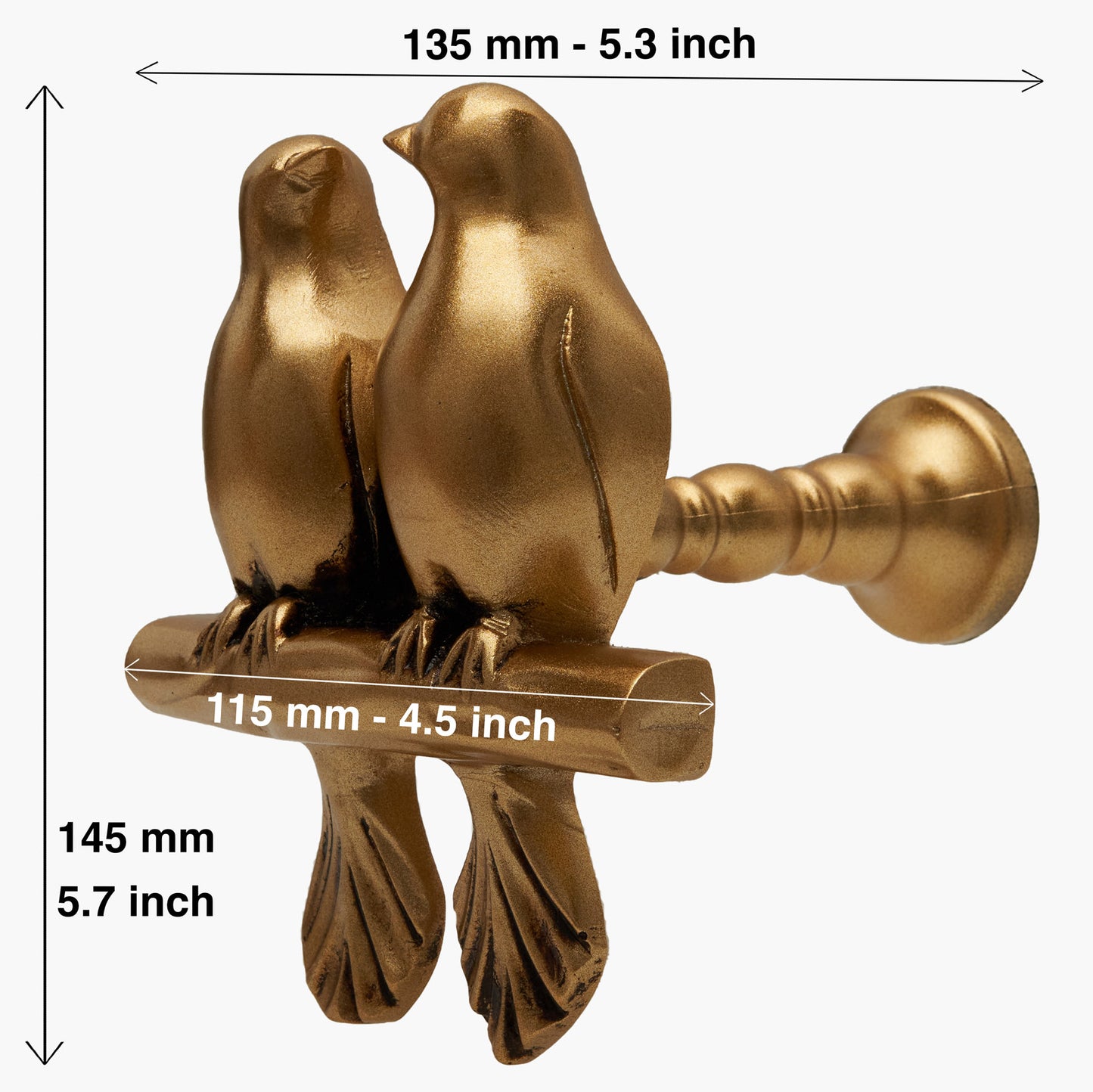 Wall mounted curtain tie back two birds on a branch. Designed as two large birds on a branch looking each other.