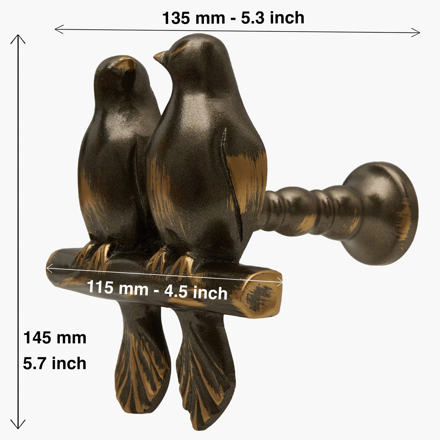 Wall mounted curtain tie back two birds on a branch. Designed as two large birds on a branch looking each other.