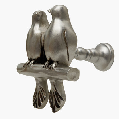 Wall mounted curtain tie back two birds on a branch. Designed as two large birds on a branch looking each other.