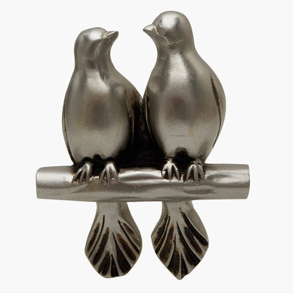 Wall mounted curtain tie back two birds on a branch. Designed as two large birds on a branch looking each other.