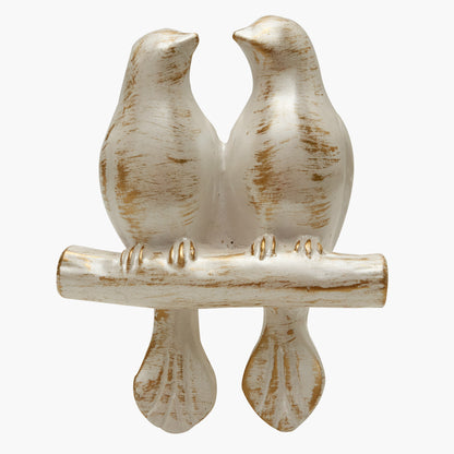 Wall mounted curtain tie back two birds on a branch. Designed as two large birds on a branch looking each other.